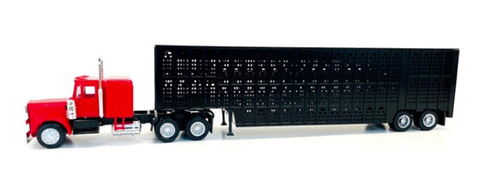 Peterbilt with Sleeper Cab Red with Black Livestock Trailer 1/87 (HO) Plastic Model Car by Promotex