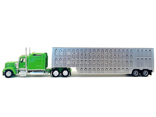 Kenworth W900L Green with Silver Livestock Trailer 1/87 (HO) Plastic Model Car by Promotex