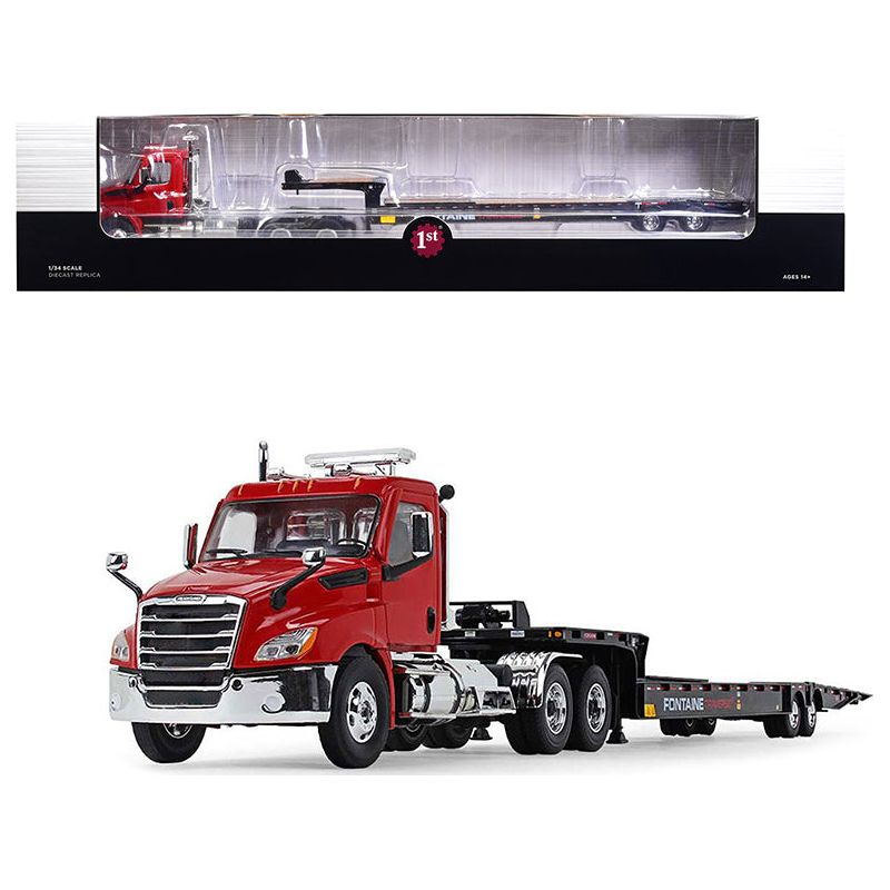 2018 Freightliner Cascadia Day Cab with Fontaine Traverse HT Hydraulic Tail Trailer Red and Black 1/34 Diecast Model by First Gear