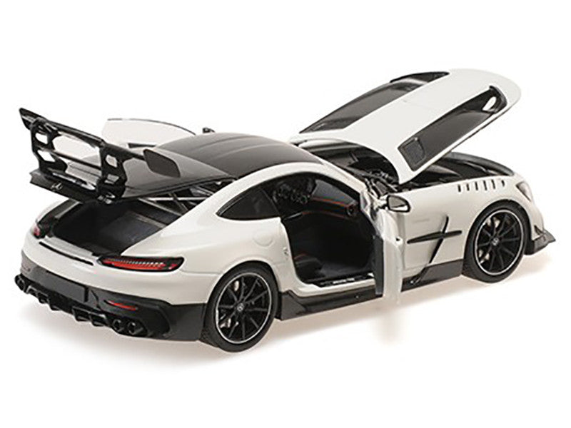 2021 Mercedes-Benz AMG GT Black Series White Metallic with Black Top and Hood Stripes 1/18 Diecast Model Car by Minichamps