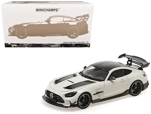 2021 Mercedes-Benz AMG GT Black Series White Metallic with Black Top and Hood Stripes 1/18 Diecast Model Car by Minichamps