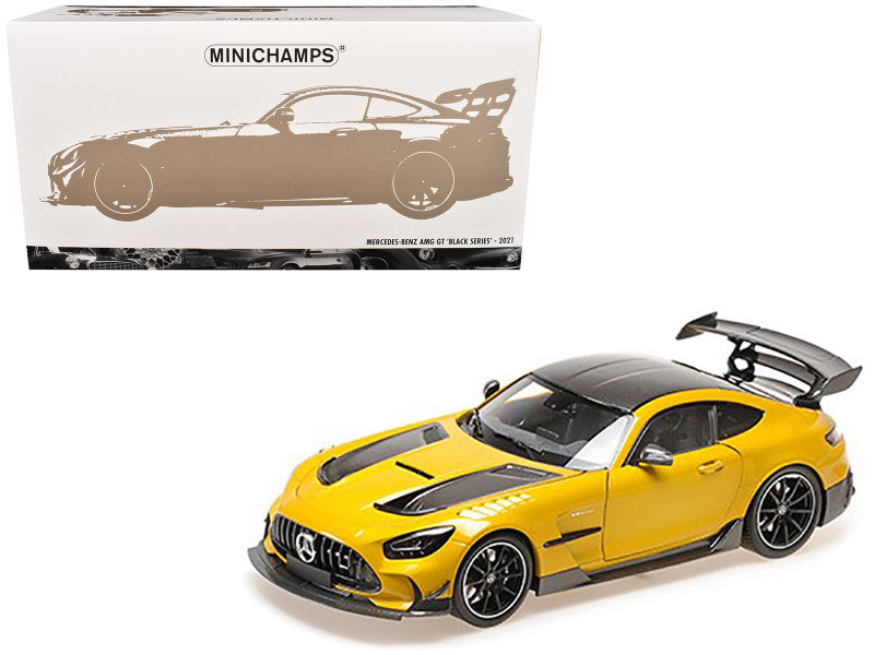 2021 Mercedes-Benz AMG GT Black Series Solarbeam Yellow Metallic with Black Top and Hood Stripes 1/18 Diecast Model Car by Minichamps