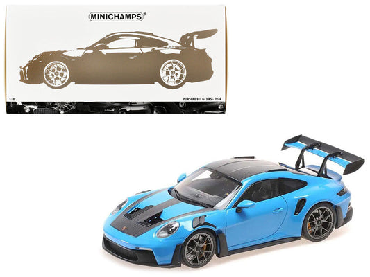 2024 Porsche 911 (992) GT3 RS "Weissach Package" Blue with Carbon Top and Hood Stripes Limited Edition to 200 pieces Worldwide 1/18 Diecast Model Car by Minichamps