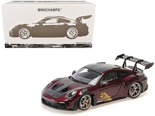 2024 Porsche 911 GT3 RS #5 Purple with Carbon Top and Hood Stripes Limited Edition to 400 pieces Worldwide 1/18 Diecast Model Car by Minichamps