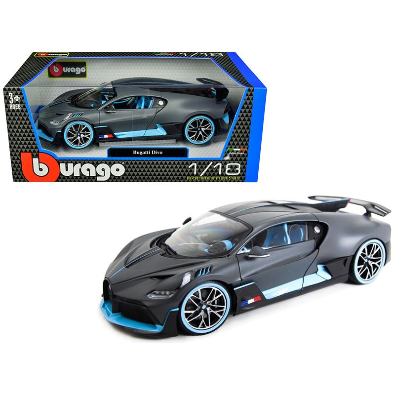 Bugatti Divo Matt Gray with Blue Accents 1/18 Diecast Model Car by Bburago