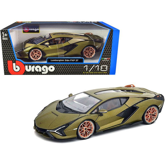 Lamborghini Sian FKP 37 Matt Green Metallic with Copper Wheels 1/18 Diecast Model Car by Bburago