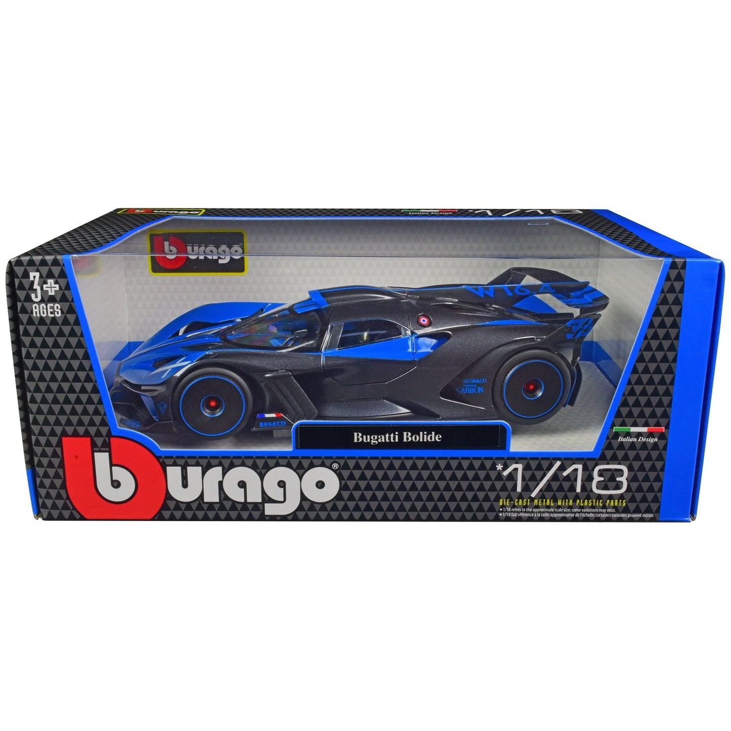 Bugatti Bolide Blue and Carbon Gray 1/18 Diecast Model Car by Bburago