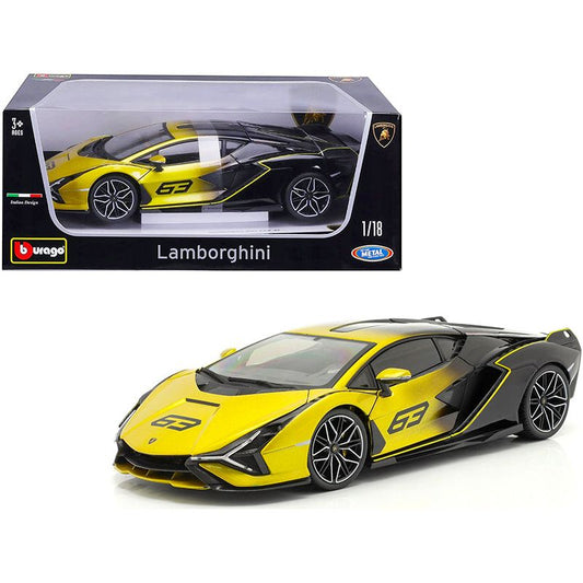 Lamborghini Sian FKP 37 #63 Yellow Metallic and Black 1/18 Diecast Model Car by Bburago