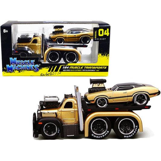 1953 Mack B-61 Flatbed Truck Gold and 1970 Oldsmobile 442 Gold with Black Top and Stripes "Muscle Transports" 1/64 Diecast Model Cars by Muscle Machines