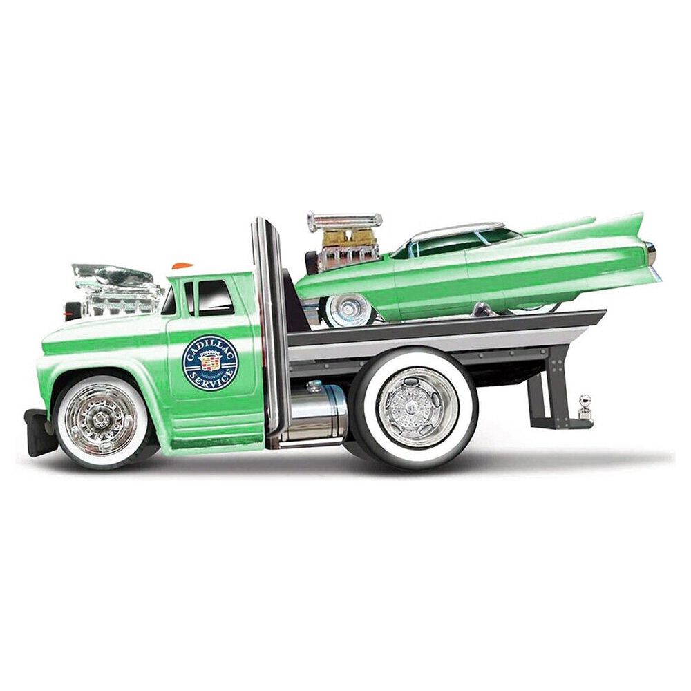 1966 Chevrolet C60 Flatbed Truck Green Metallic with White Top "Cadillac Service" and 1961 Cadillac Coupe Green Metallic with White Top "Muscle Transports" Series 1/64 Diecast Models by Muscle Machines