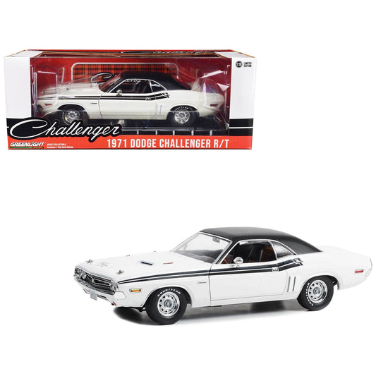 1971 Dodge Challenger R/T Bright White with Black Stripes and Top 1/18 Diecast Model Car by Greenlight