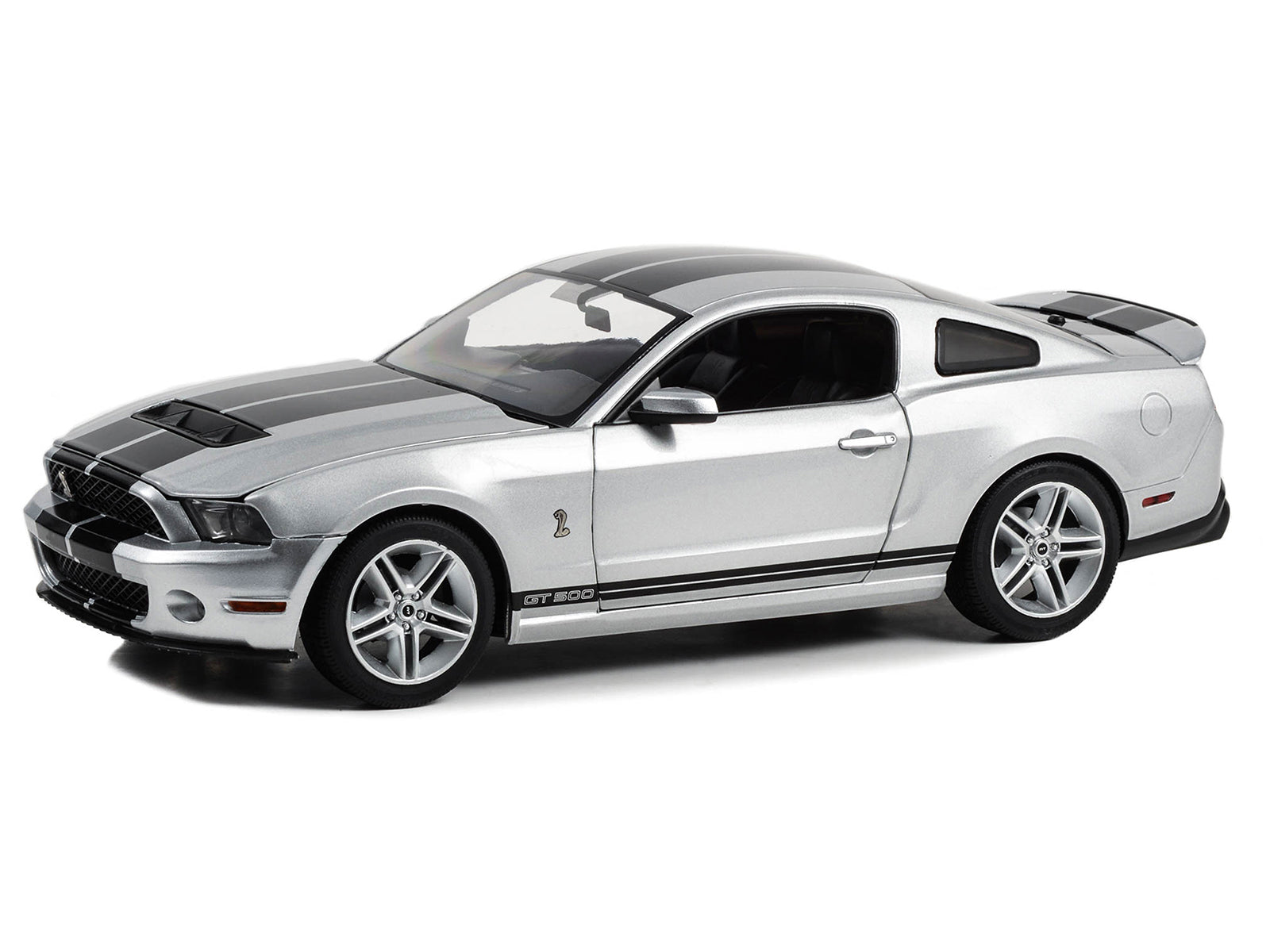 2011 Shelby GT500 Ingot Silver Metallic with Black Stripes 1/18 Diecast Model Car by Greenlight