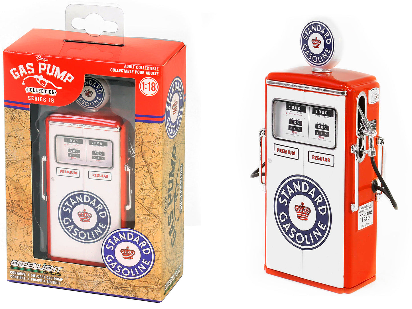 1954 Tokheim 350 Twin Gas Pump "Standard Gasoline" White and Red "Vintage Gas Pumps" Series 15 1/18 Diecast Replica by Greenlight