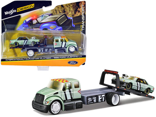 International DuraStar Flatbed Truck #17 and 1988 Ford Mustang LX #17 Light Green Metallic with Stripes and Graphics "Elite Transport" Series 1/64 Diecast Models by Maisto