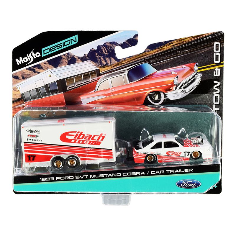 1993 Ford SVT Mustang Cobra #17 with Enclosed Car Trailer "Eibach" White with Red Stripes "Tow & Go" Series 1/64 Diecast Model Cars by Maisto