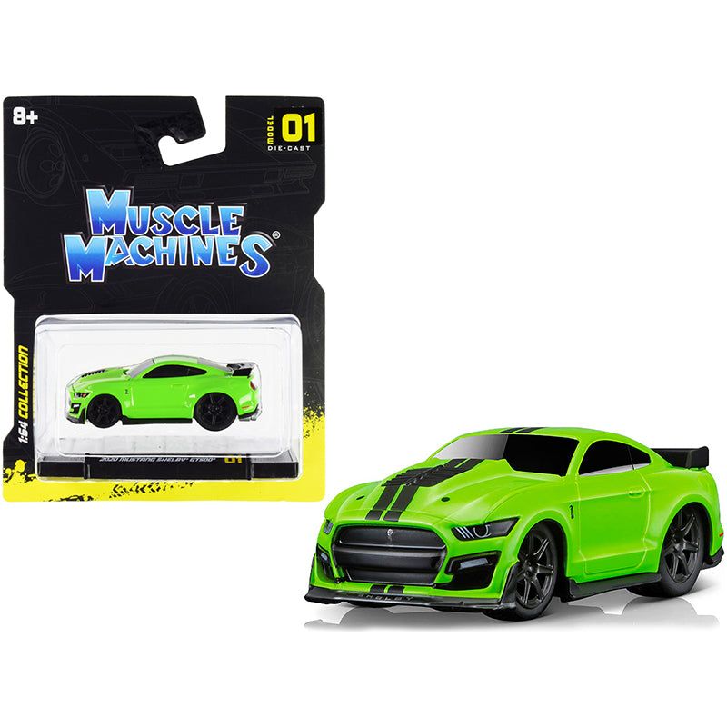 2020 Ford Mustang Shelby GT500 Bright Green with Black Stripes 1/64 Diecast Model Car by Muscle Machines