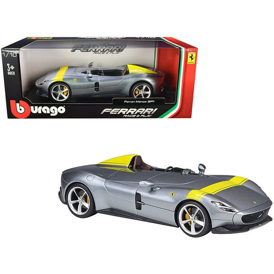 Ferrari Monza SP1 Silver Metallic with Yellow Stripes 1/18 Diecast Model Car by Bburago