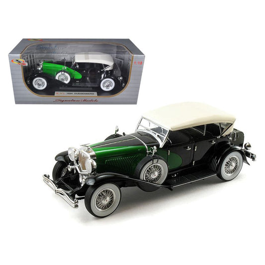 1934 Duesenberg Model J Black and Green with Cream Top 1/18 Diecast Model Car by Signature Models