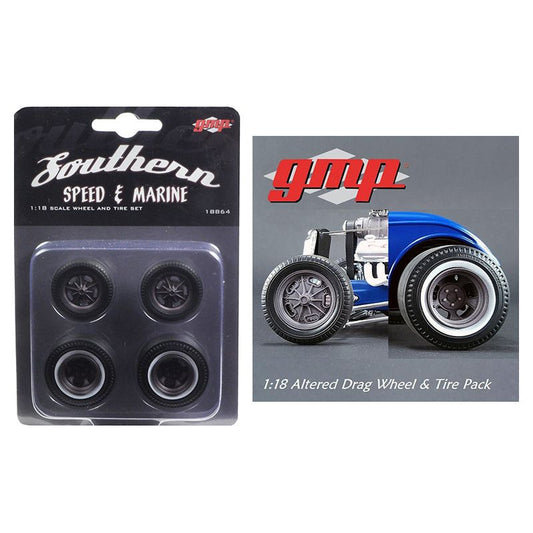 Drag Wheels and Tires Set of 4 Magnesium Finish from 1934 Altered Drag Coupe 1/18 by GMP