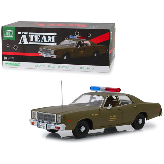 1977 Plymouth Fury U.S. Army Police Army Green "The A-Team" (1983-1987) TV Series 1/18 Diecast Model Car by Greenlight