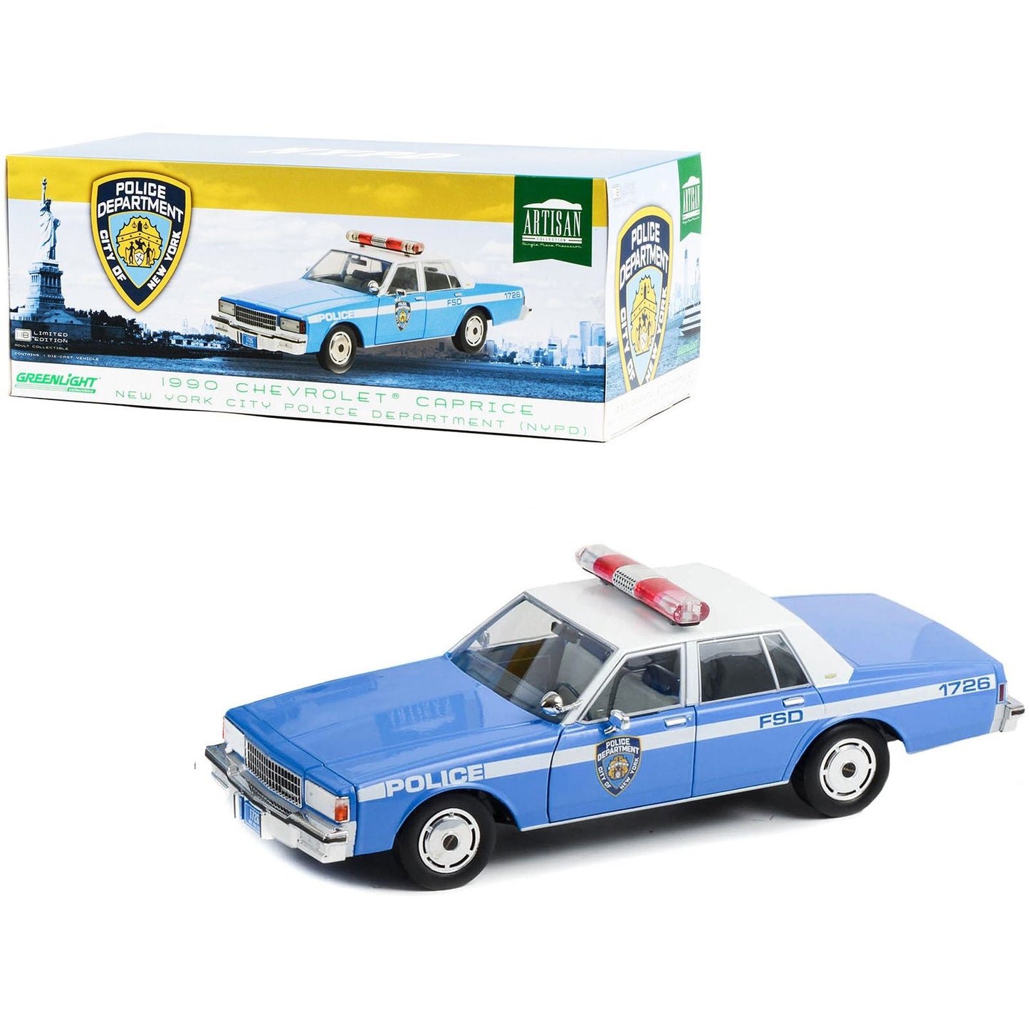 1990 Chevrolet Caprice Police Blue and White "NYPD (New York City Police Department)" "Artisan Collection" 1/18 Diecast Model Car by Greenlight