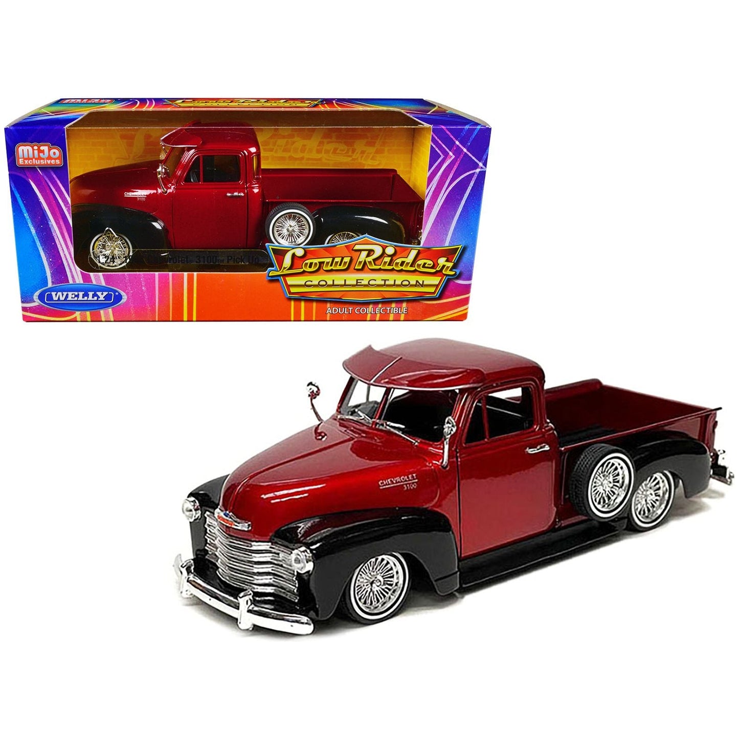 1953 Chevrolet 3100 Pickup Truck Lowrider Red Metallic and Black Two-Tone "Low Rider Collection" 1/24 Diecast Model Car by Welly