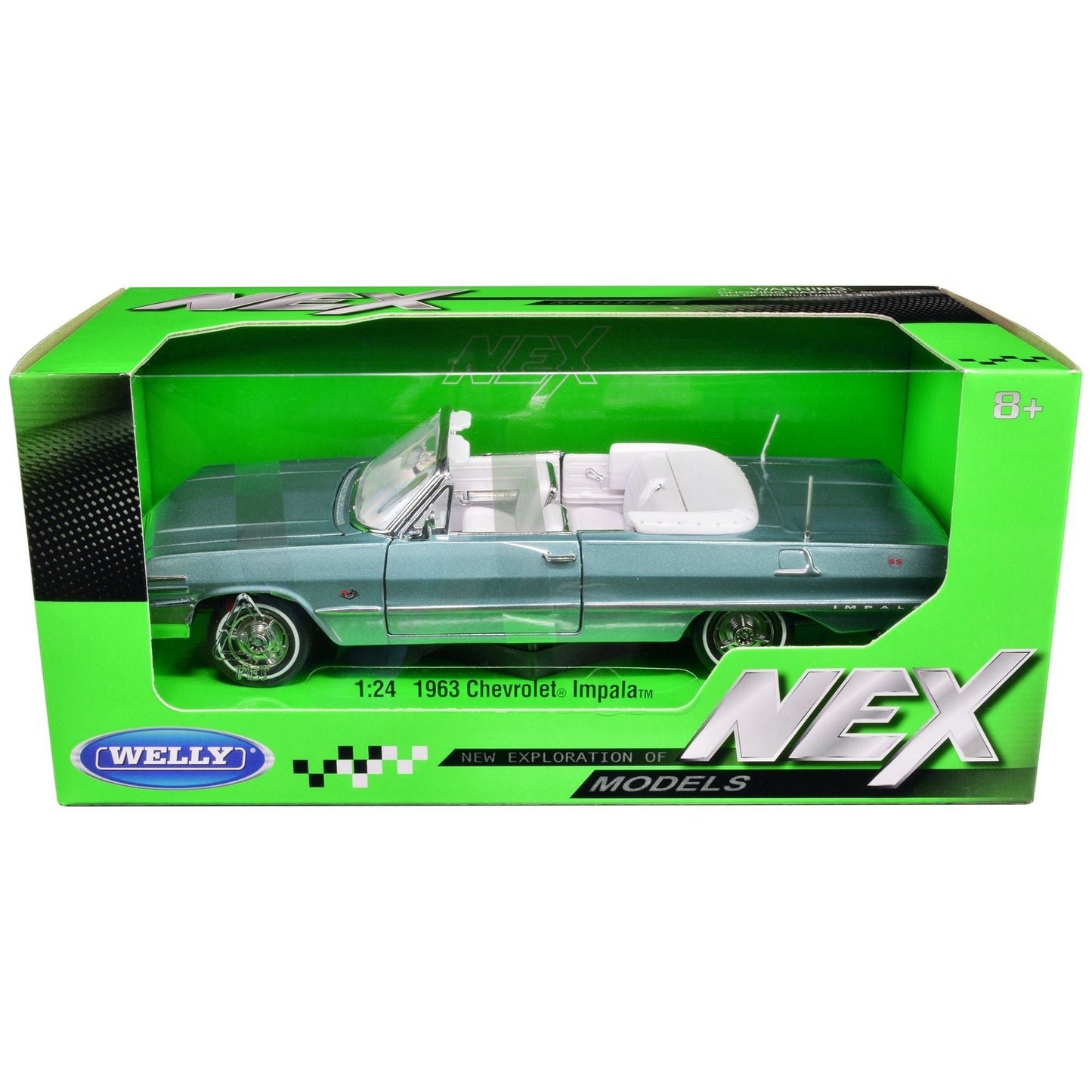 1963 Chevrolet Impala Convertible Light Blue Metallic with White Interior "NEX Models" 1/24 Diecast Model Car by Welly