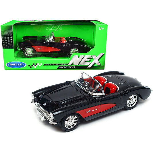 1957 Chevrolet Corvette Convertible Black and Red with Red Interior "NEX Models" 1/24 Diecast Model Car by Welly