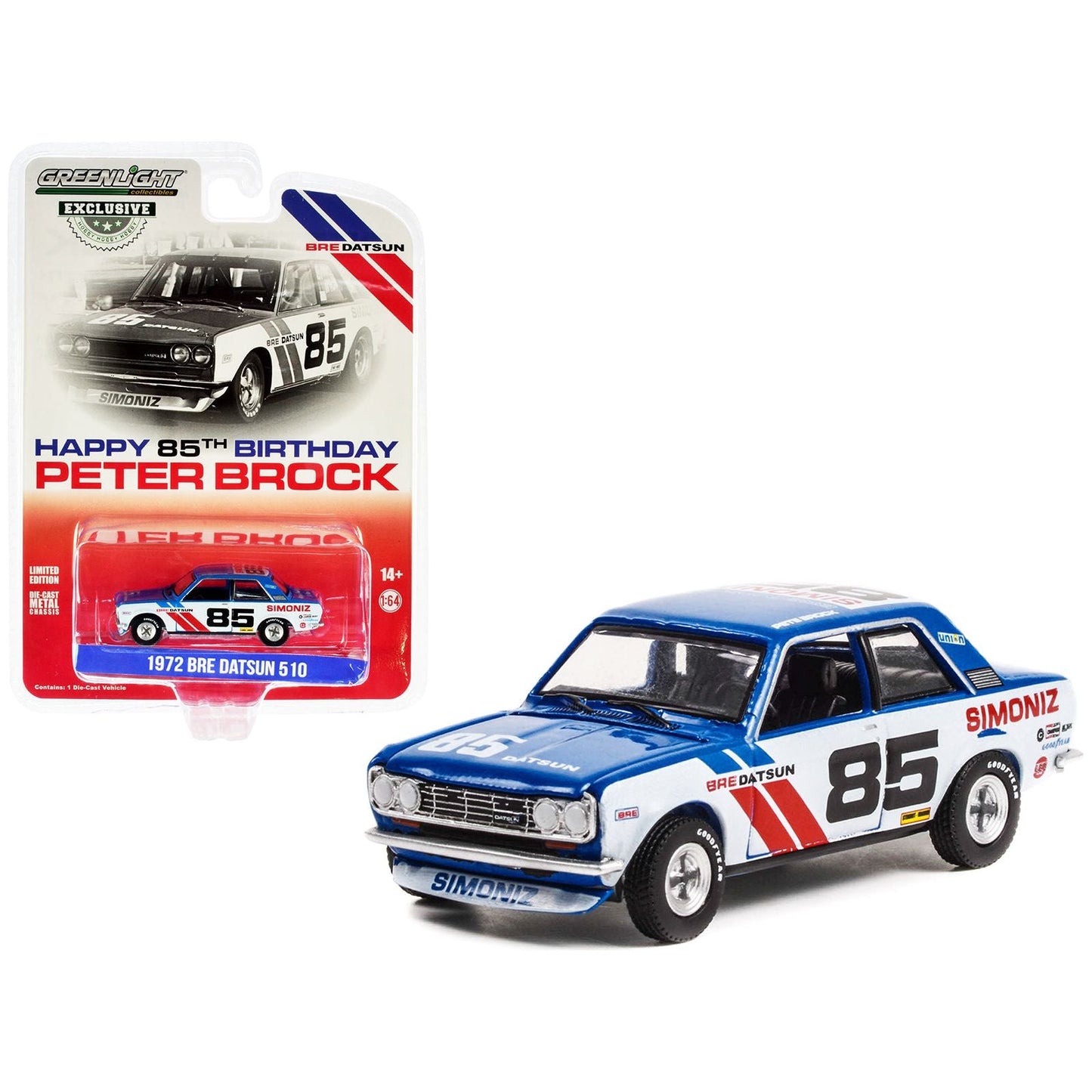 1972 Datsun 510 #85 BRE (Brock Racing Enterprises) "Happy 85th Birthday Peter Brock" "Hobby Exclusive" 1/64 Diecast Model Car by Greenlight