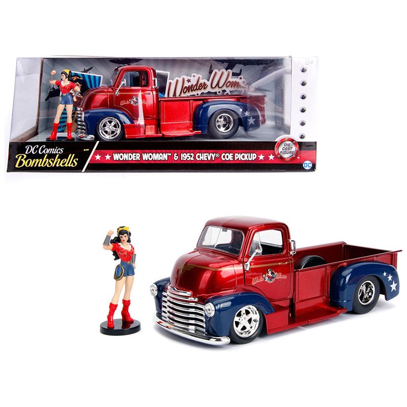 1952 Chevrolet COE Pickup Truck Candy Red and Blue with Wonder Woman Diecast Figure "DC Comics Bombshells" Series "Hollywood Rides" 1/24 Diecast Model Car by Jada