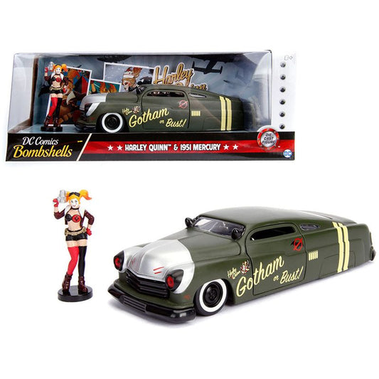 1951 Mercury Matt Green with Harley Quinn Diecast Figurine "DC Comics Bombshells" Series 1/24 Diecast Model Car by Jada