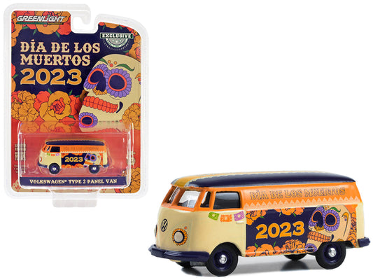 Volkswagen Type 2 Panel Van Beige and Orange with Blue Top "Dia de los Muertos 2023" "Hobby Exclusive" Series 1/64 Diecast Model Car by Greenlight