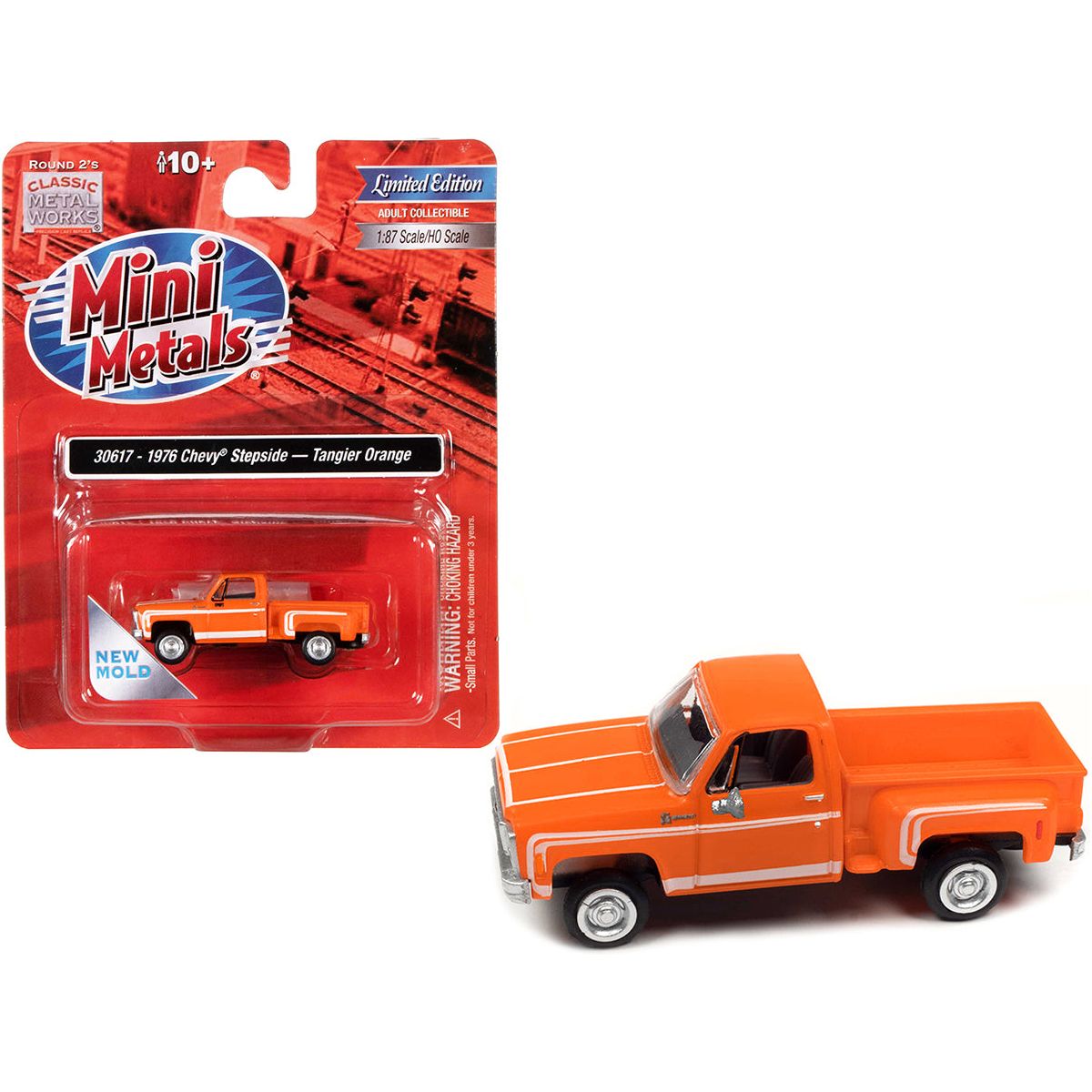 1976 Chevrolet Stepside Pickup Truck Tangier Orange with White Stripes 1/87 (HO) Scale Model Car by Classic Metal Works