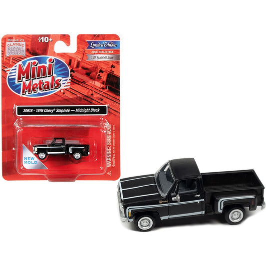 1976 Chevrolet Stepside Pickup Truck Midnight Black with White Stripes 1/87 (HO) Scale Model Car by Classic Metal Works