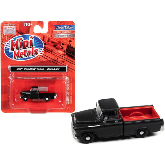 1955 Chevrolet Cameo Pickup Truck Matt Black and Red 1/87 (HO) Scale Model Car by Classic Metal Works