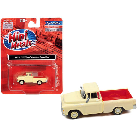 1955 Chevrolet Cameo Pickup Truck Ivory and Red 1/87 (HO) Scale Model Car by Classic Metal Works