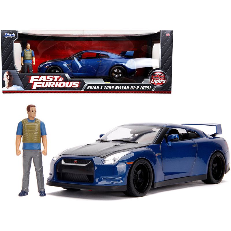 2009 Nissan GT-R (R35) Blue Metallic and Carbon with Lights and Brian Figurine "Fast & Furious" Movie 1/18 Diecast Model Car by Jada