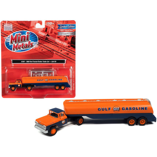 1960 Ford Tanker Truck Orange and Blue "Gulf Oil" 1/87 (HO) Scale Model by Classic Metal Works