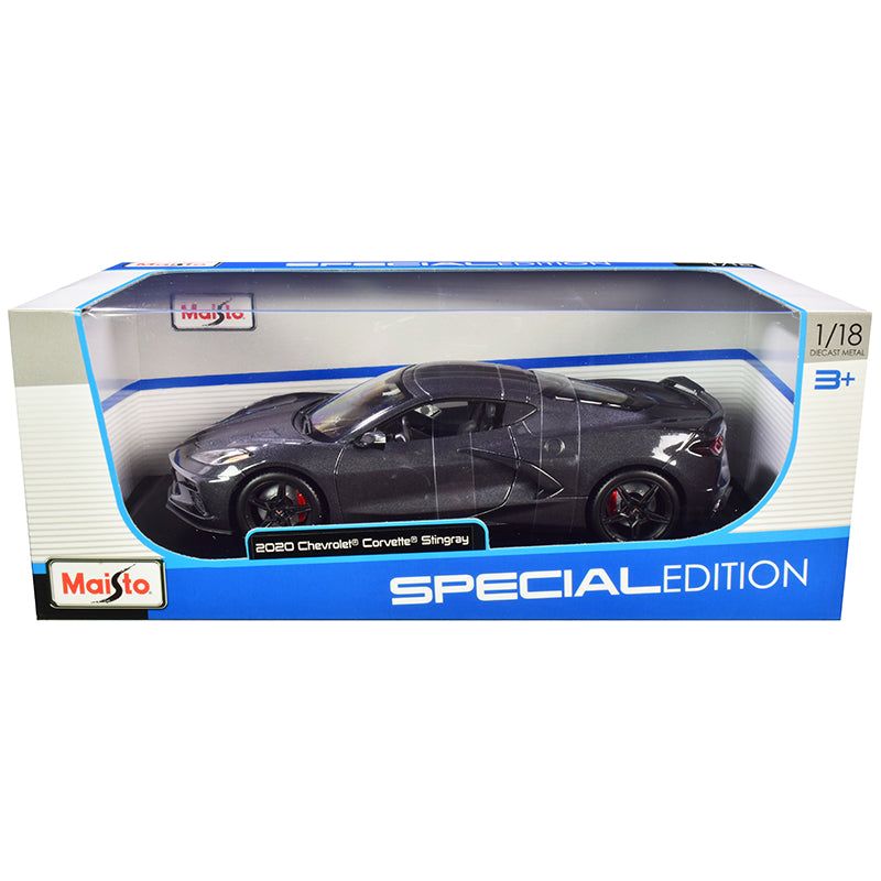 2020 Chevrolet Corvette Stingray C8 Dark Gray Metallic with Racing Stripes 1/18 Diecast Model Car by Maisto