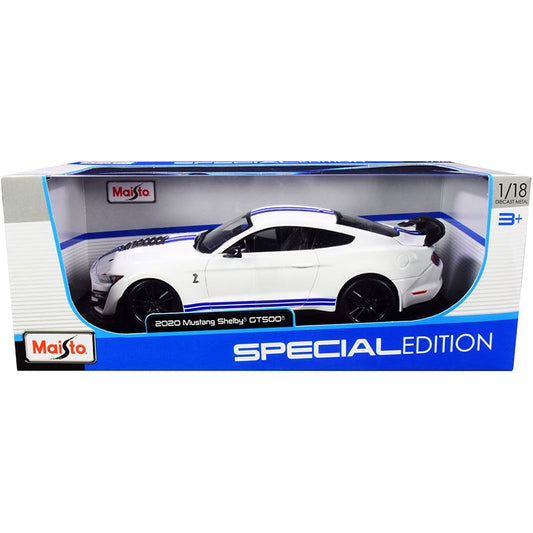 2020 Ford Mustang Shelby GT500 White with Blue Stripes "Special Edition" 1/18 Diecast Model Car by Maisto