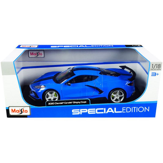 2020 Chevrolet Corvette Stingray C8 Coupe with High Wing Blue with Black Stripes 1/18 Diecast Model Car by Maisto