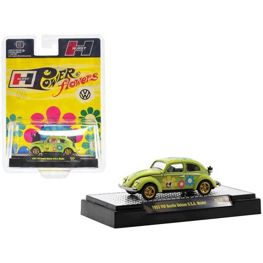 1953 Volkswagen Beetle Deluxe U.S.A. Model Lime Green Metallic with Graphics "Hurst Power Flowers" Limited Edition to 7150 pieces Worldwide 1/64 Diecast Model Car by M2 Machines