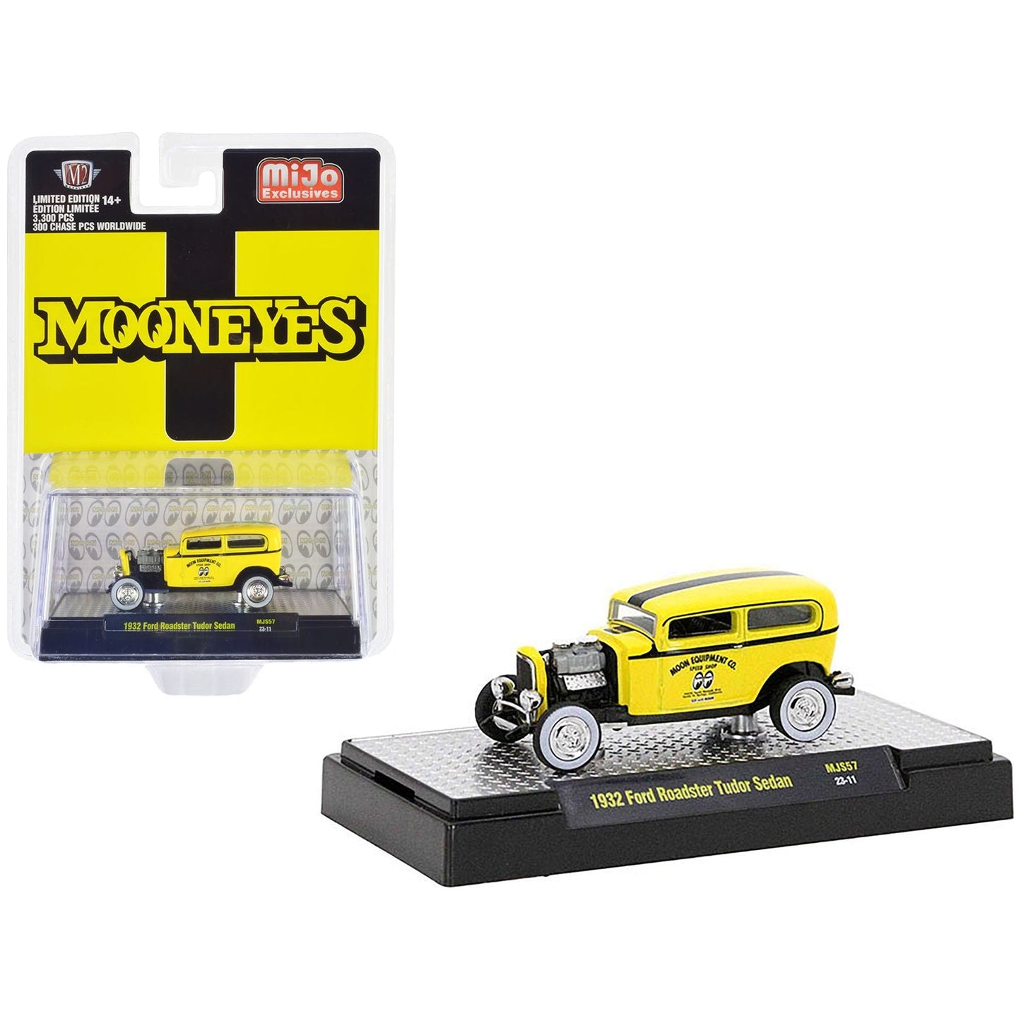 1932 Ford Roadster Tudor Sedan Yellow with Black Stripes "Mooneyes" Limited Edition to 3300 pieces Worldwide 1/64 Diecast Model Car by M2 Machines