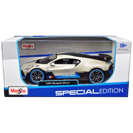 Bugatti Divo Satin White Metallic with Carbon and Blue Accents "Special Edition" 1/24 Diecast Model Car by Maisto