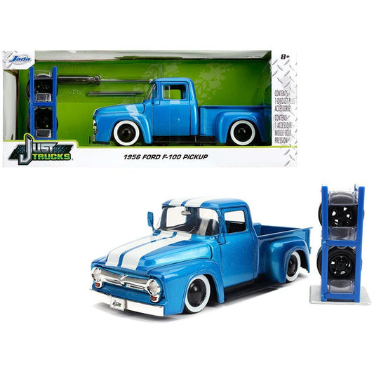 1956 Ford F-100 Pickup Truck Blue Metallic with White Stripes and Extra Wheels "Just Trucks" Series 1/24 Diecast Model Car by Jada