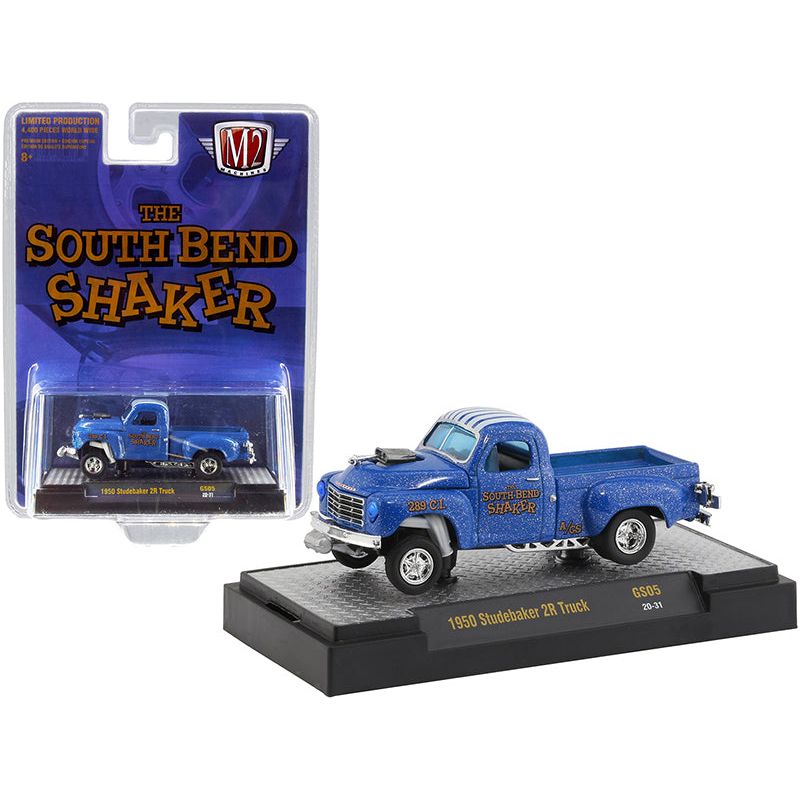 1950 Studebaker 2R Pickup Truck "The South Bend Shaker" Blue Heavy Metallic with White Stripes Limited Edition to 4400 pieces Worldwide 1/64 Diecast Model Car by M2 Machines