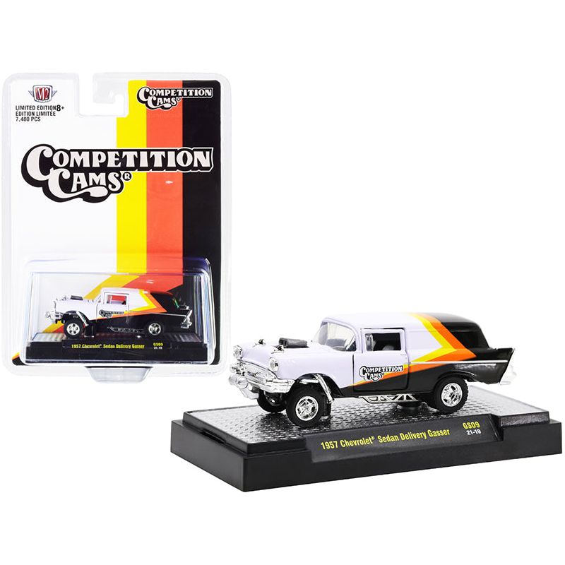 1957 Chevrolet Sedan Delivery Gasser "Competition Cams" White and Black with Yellow and Orange Stripes Limited Edition to 7480 pieces Worldwide 1/64 Diecast Model Car by M2 Machines