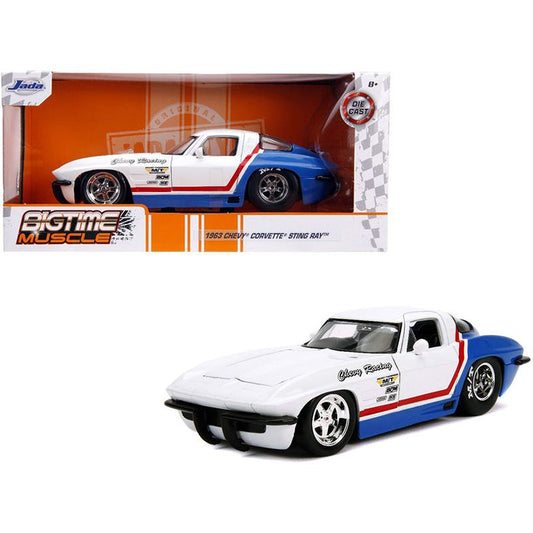 1963 Chevrolet Corvette Stingray White and Blue with Red Stripe "Chevy Racing" "Bigtime Muscle" 1/24 Diecast Model Car by Jada