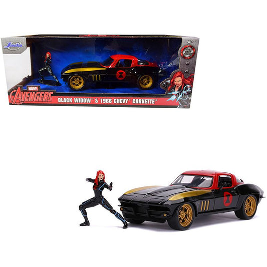 1966 Chevrolet Corvette with Black Widow Diecast Figurine "Avengers" "Marvel" Series 1/24 Diecast Model Car by Jada