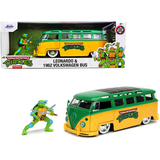 1962 Volkswagen Bus Yellow and Green with Leonardo Diecast Figurine "Teenage Mutant Ninja Turtles" TV Series 1/24 Diecast Model Car by Jada